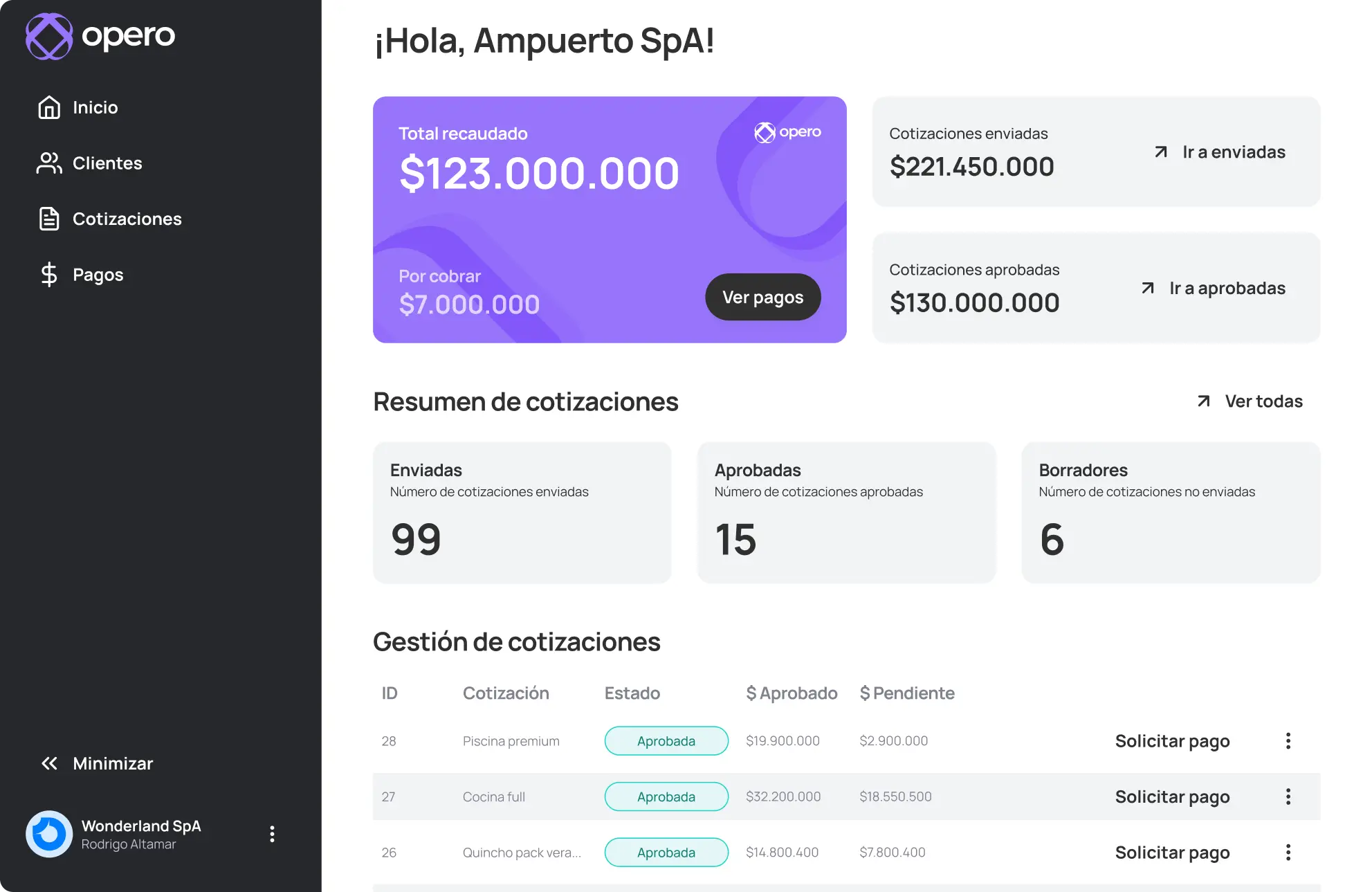Vista previa de dashboard Opero